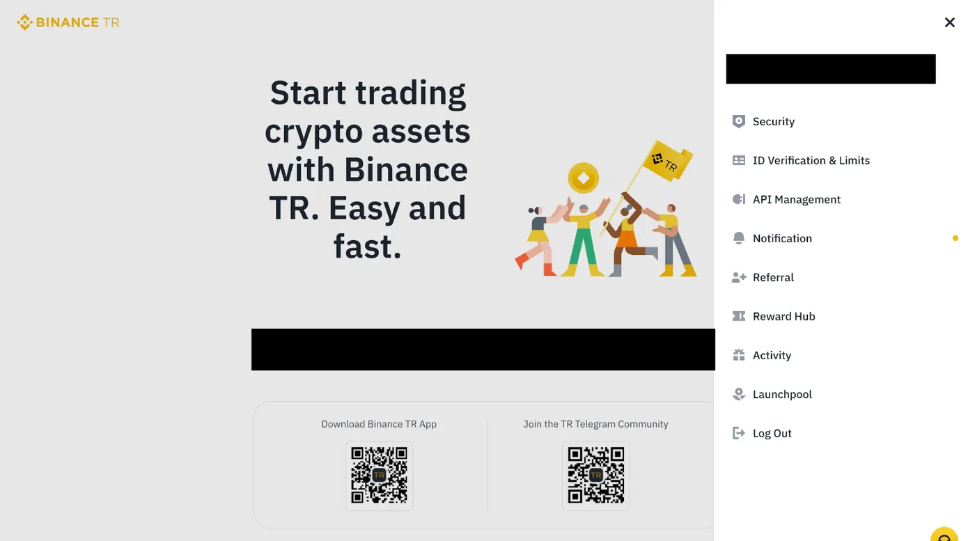 Binance TR account panel opened from the person icon, listing Security, ID Verification & Limits and API Management