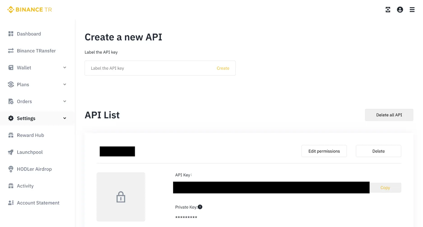 Binance TR API Management page with a Label the API key field and a Create link above the API List
