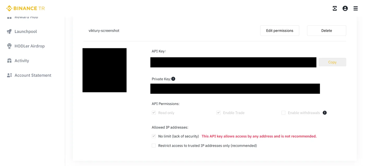 A new Binance TR API key with Read only and Enable Trade both ticked by default, and no IP limit