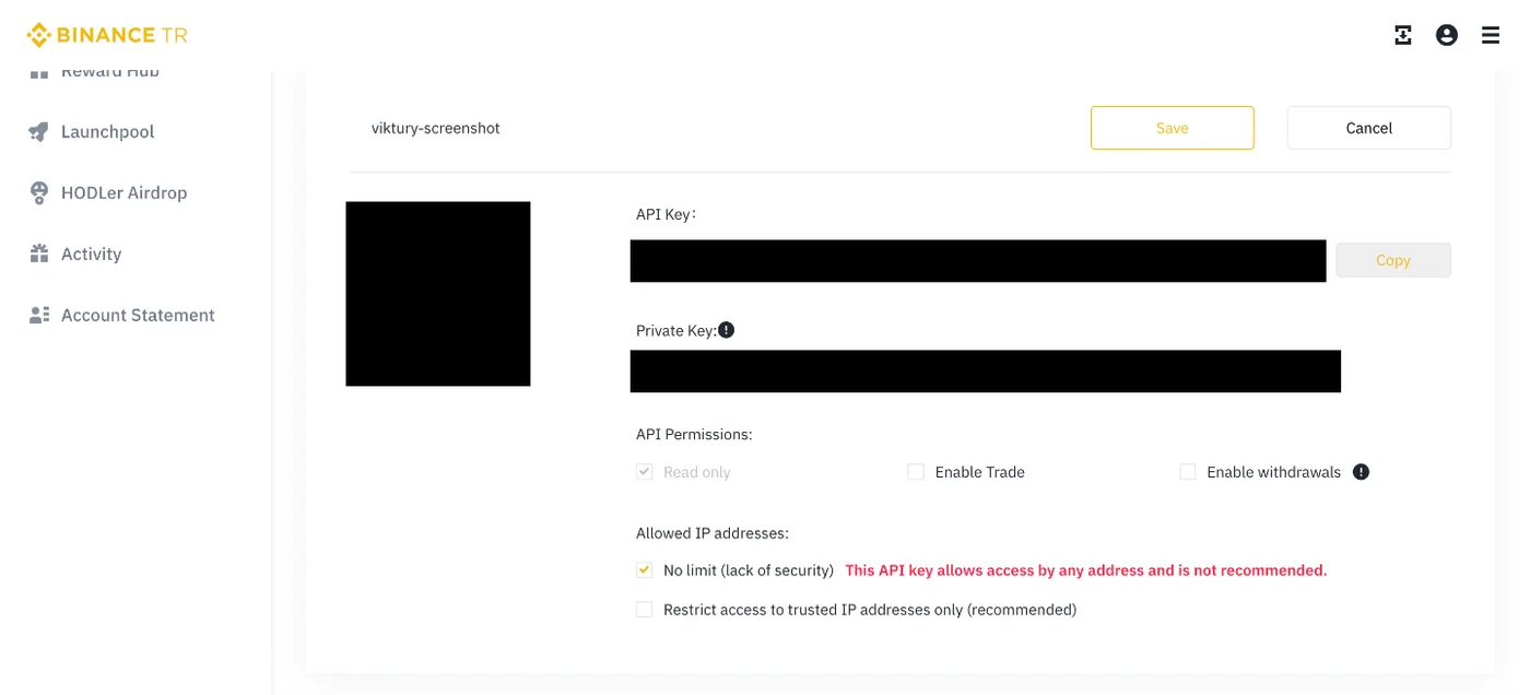 Binance TR key in Edit permissions mode with Enable Trade unticked, Read only kept, and a Save button