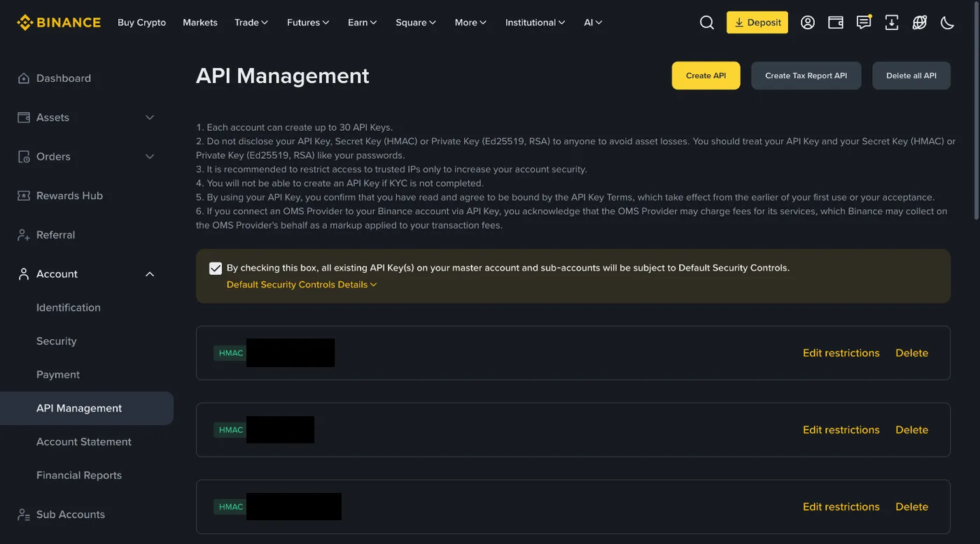 Binance API Management page with the Create API button at the top right