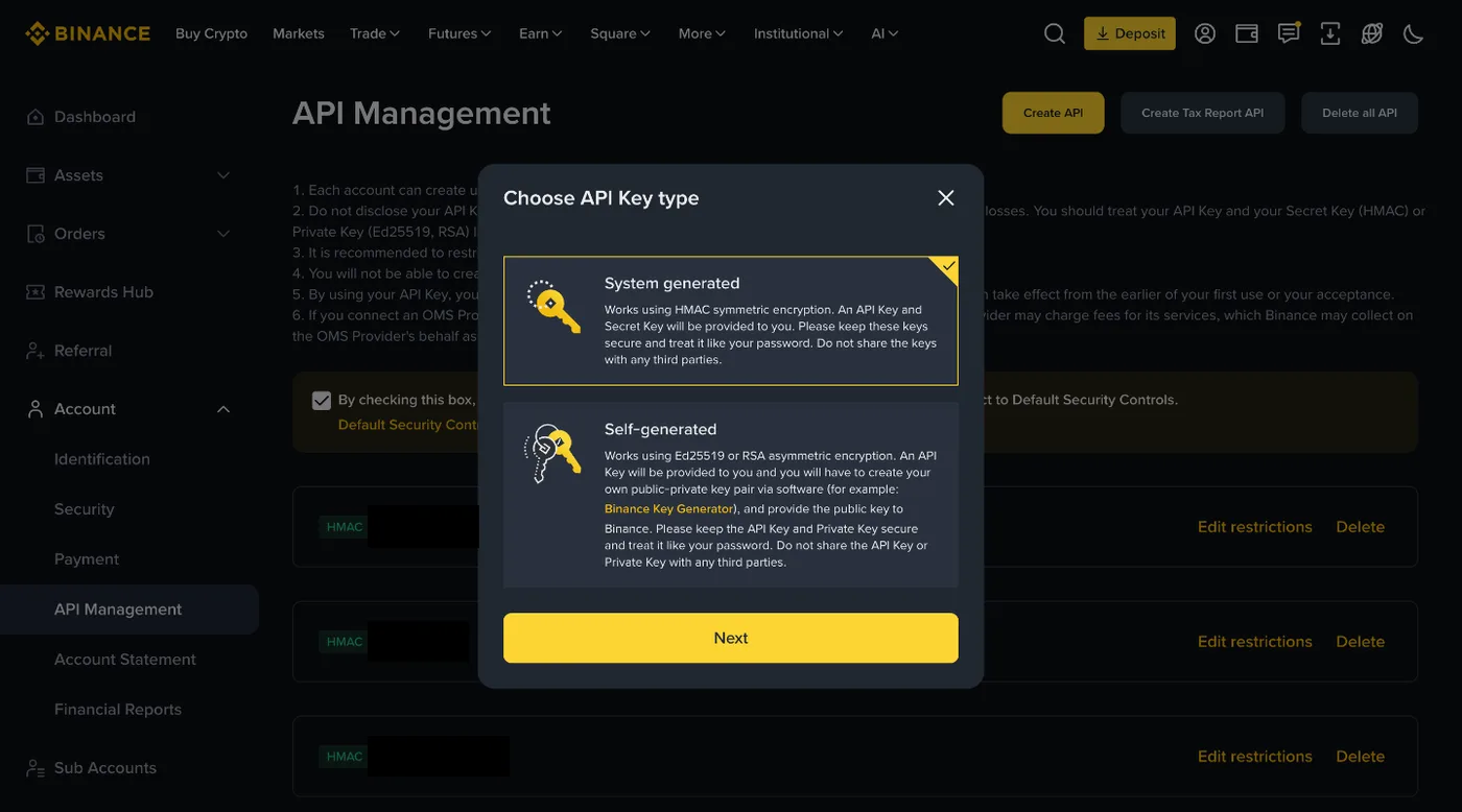 Binance Choose API Key type dialog with System generated selected and a Next button