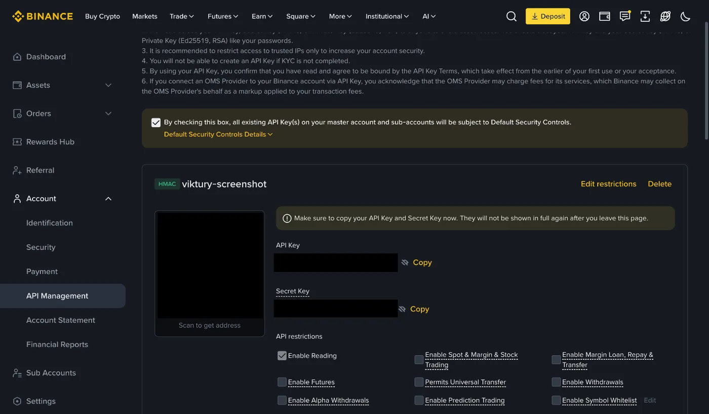 A new Binance API key with its API Key and Secret Key, and API restrictions with only Enable Reading ticked