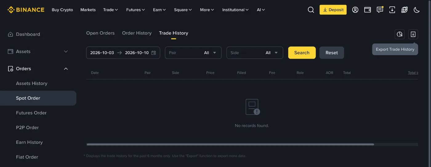 Binance Spot Order Trade History tab, with the Export Trade History download icon at the top right