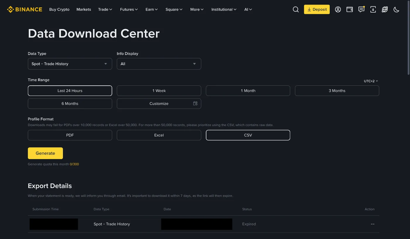 Binance Data Download Center with Spot - Trade History, time range buttons including Customize, CSV selected and a Generate button