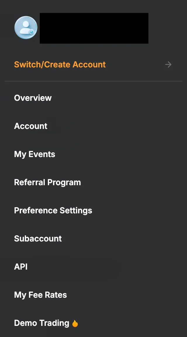 Bybit EU profile menu with API listed