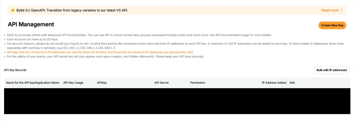 Bybit EU API Management page with the Create New Key button