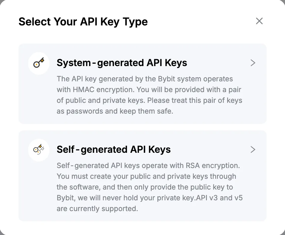 Bybit EU Select Your API Key Type dialog with System-generated API Keys and Self-generated API Keys