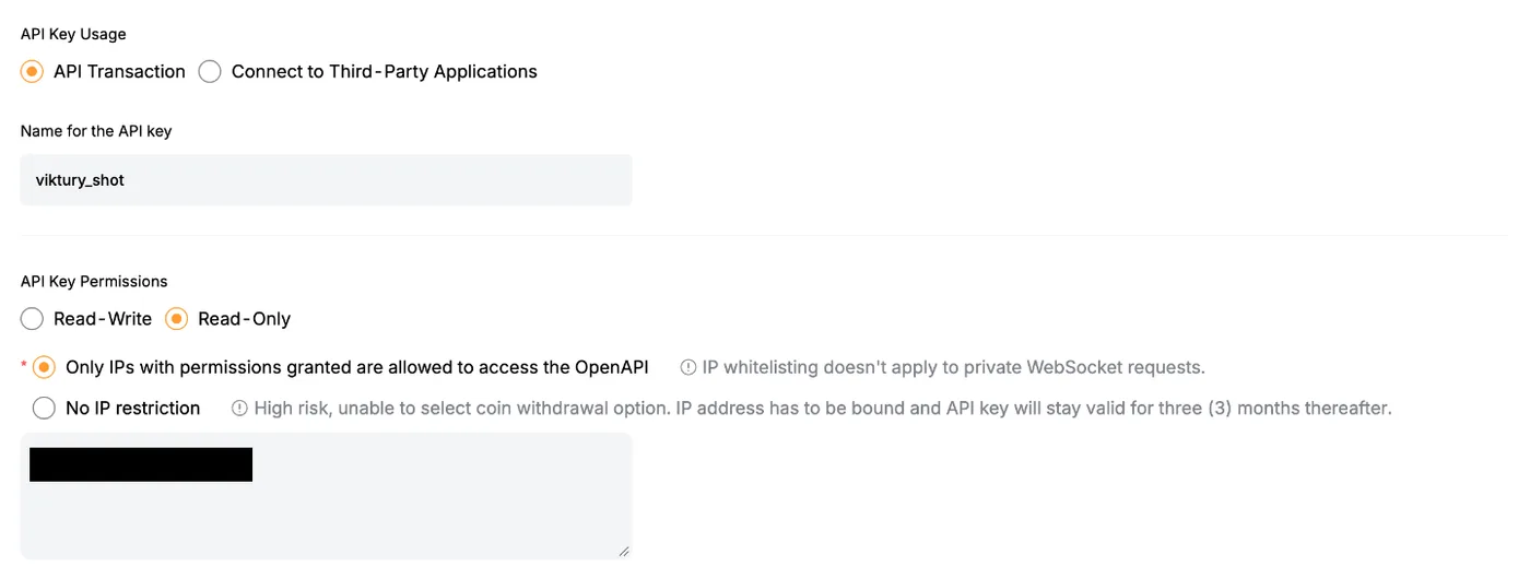 Bybit EU new key form with API Transaction, Read-Only and Only IPs with permissions granted selected