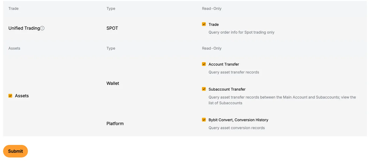 Bybit EU key permissions table with Trade, Account Transfer, Subaccount Transfer and Bybit Convert, Conversion History ticked