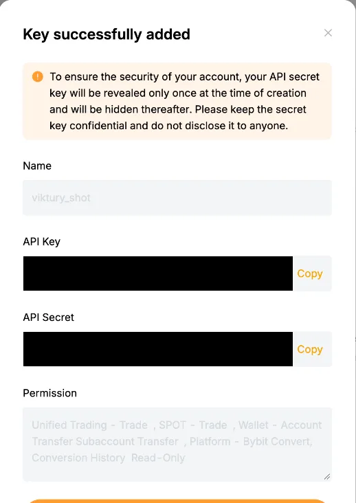 Bybit EU Key successfully added dialog with the API key and secret hidden