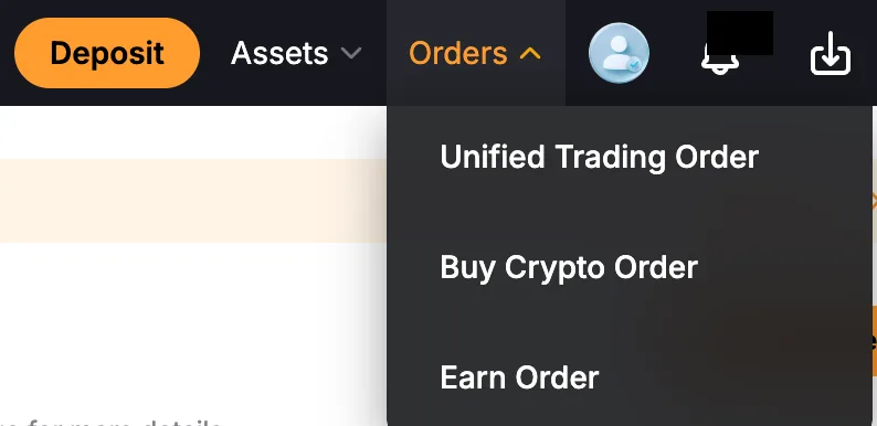 Bybit EU Orders menu with Unified Trading Order, Buy Crypto Order and Earn Order