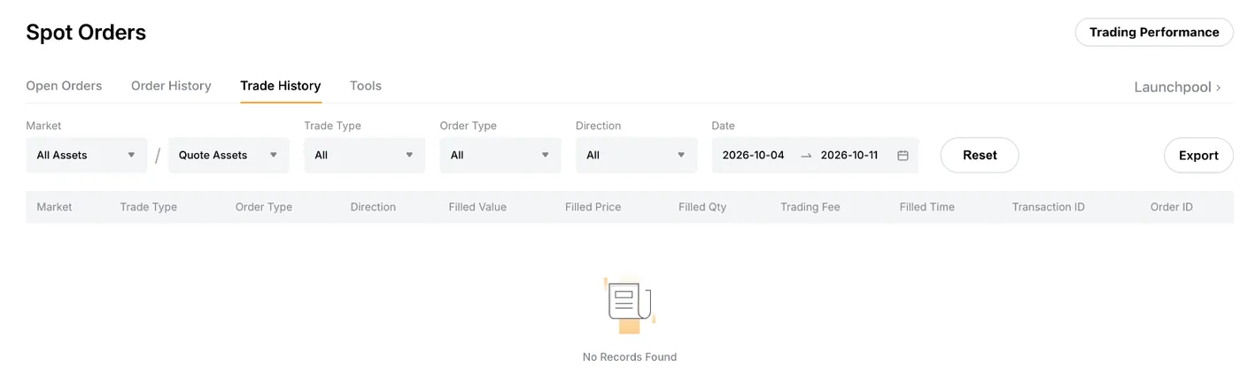 Bybit EU Spot Orders page on the Trade History tab, with the Export button on the right