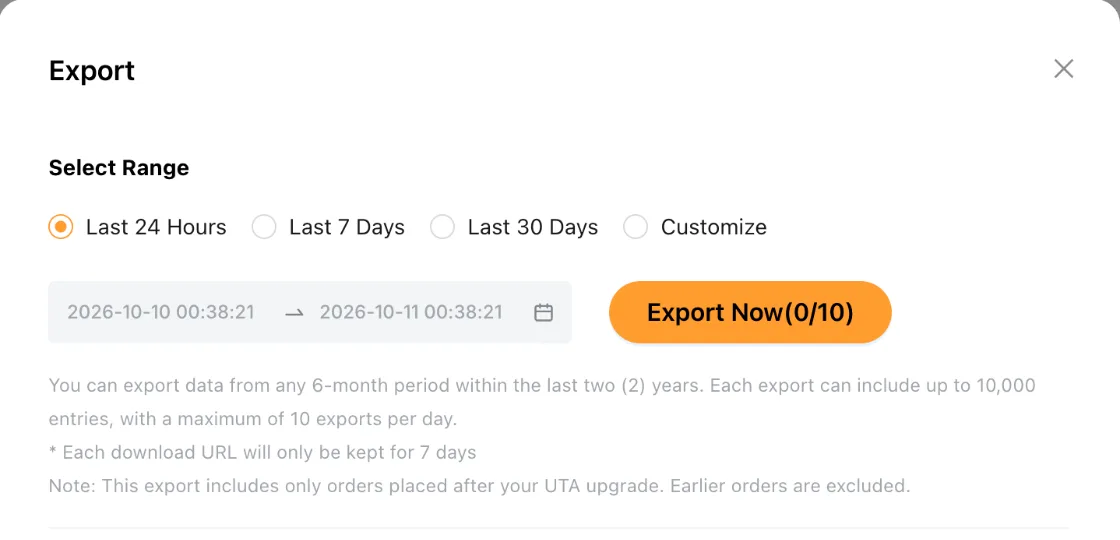 Bybit EU Export dialog with range options and the Export Now button