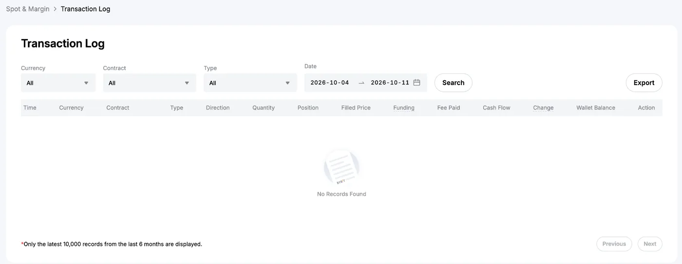 Bybit EU Transaction Log page with filters and the Export button