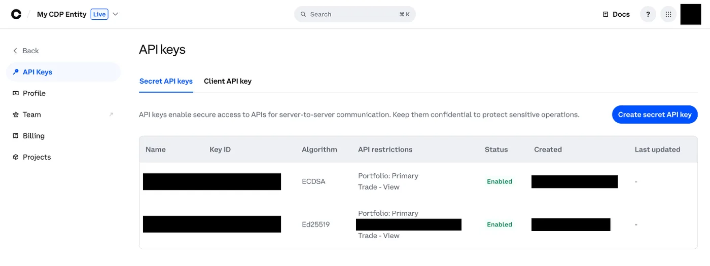 Coinbase Developer Platform API keys page under Settings, with the Create secret API key button