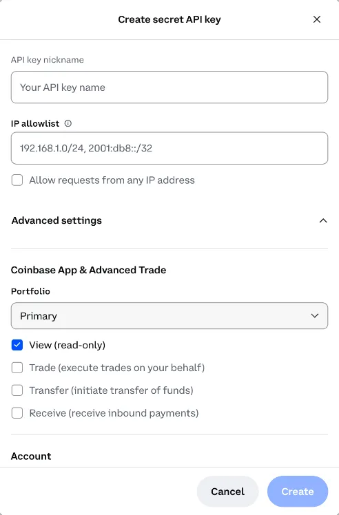 Coinbase Create secret API key dialog with Advanced settings open and only View (read-only) ticked