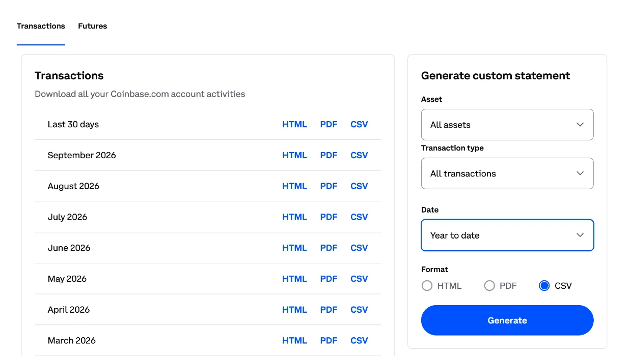 Coinbase Statements page with Generate custom statement set to all assets, all transactions and CSV