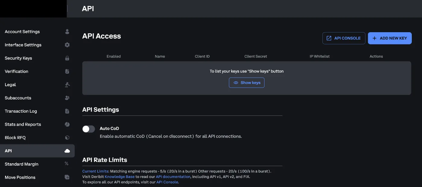 Deribit account settings on the API page, with the ADD NEW KEY button
