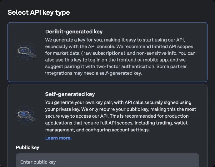Deribit Select API key type dialog with Deribit-generated key and Self-generated key