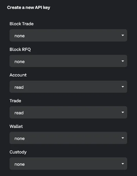 Deribit Create a new API key form with Account and Trade set to read and every other scope set to none