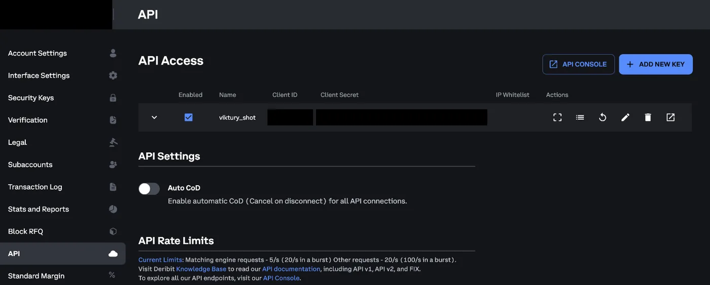 Deribit API Access list with the new key, its Client ID and Client Secret hidden