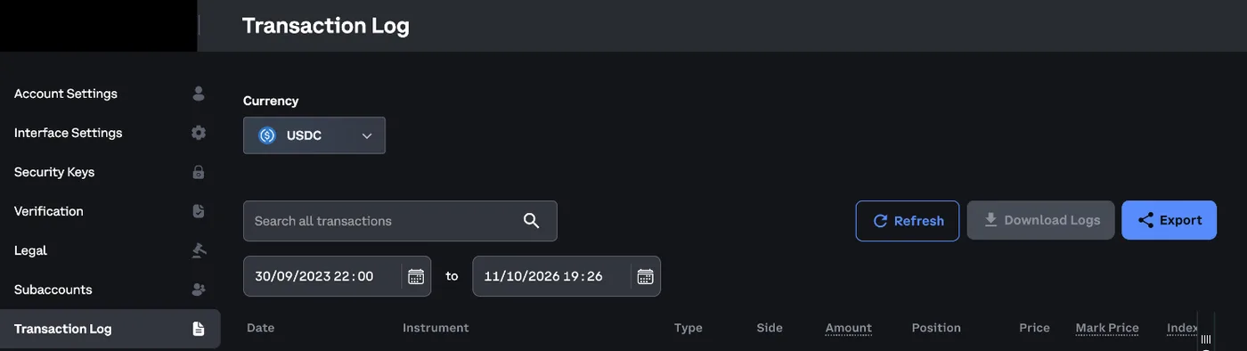 Deribit Transaction Log with the currency picker, date range, Download Logs and Export