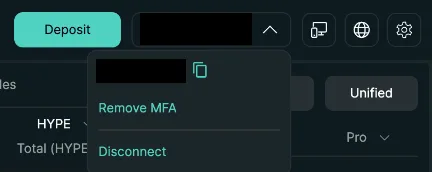 Hyperliquid account menu open at the top right, showing the shortened wallet address with a copy button