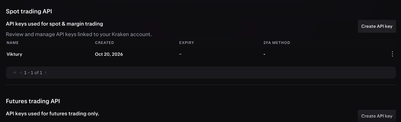 Kraken API ayarları; "Spot trading API" bölümü ve "Create API key" düğmesi, altında da "Futures trading API" bölümü görünüyor