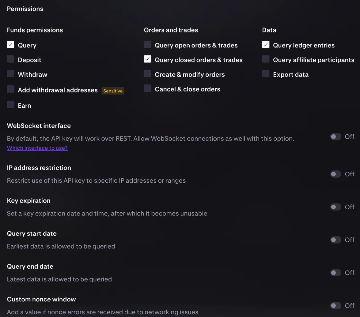 Kraken anahtar izinleri; yalnızca "Query", "Query closed orders & trades" ve "Query ledger entries" işaretli, alttaki tüm açma kapama düğmeleri "Off" durumunda