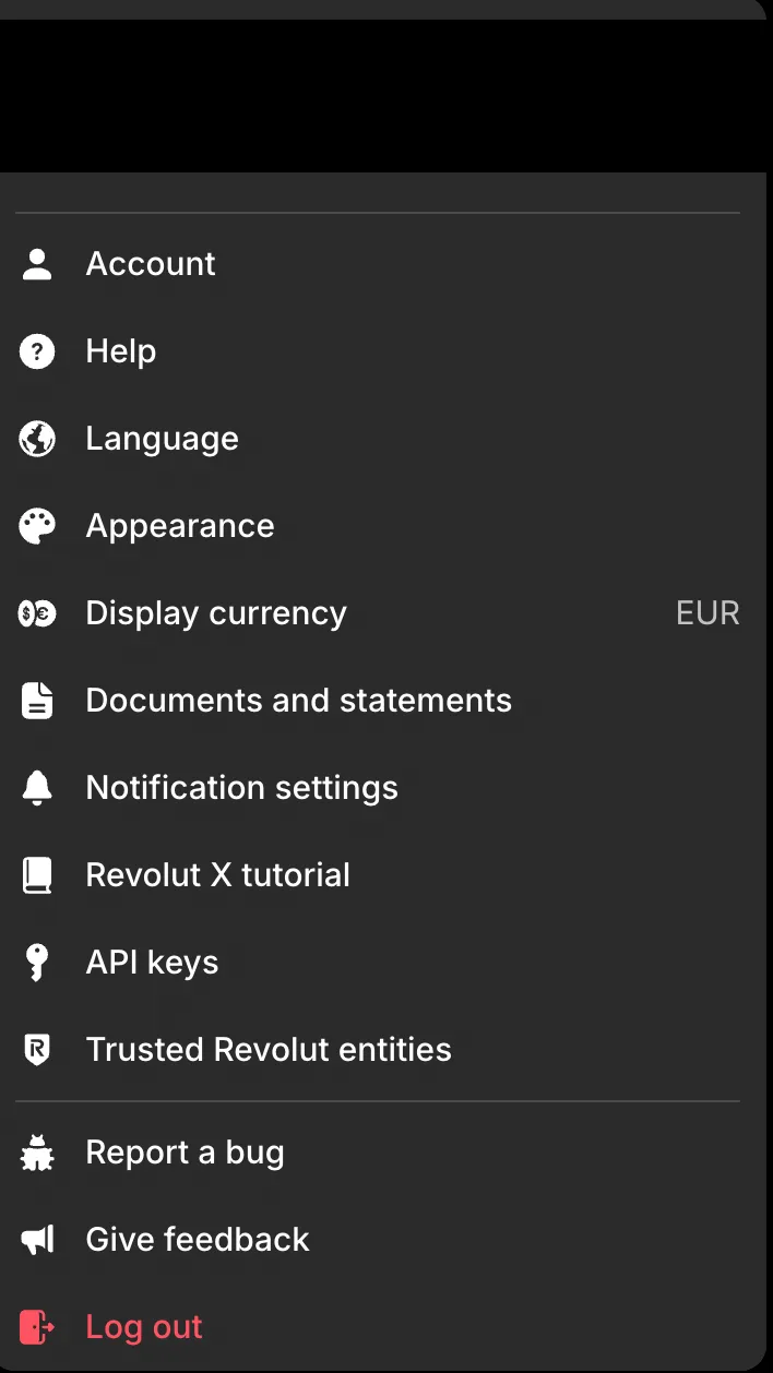 Revolut X profile menu with API keys listed