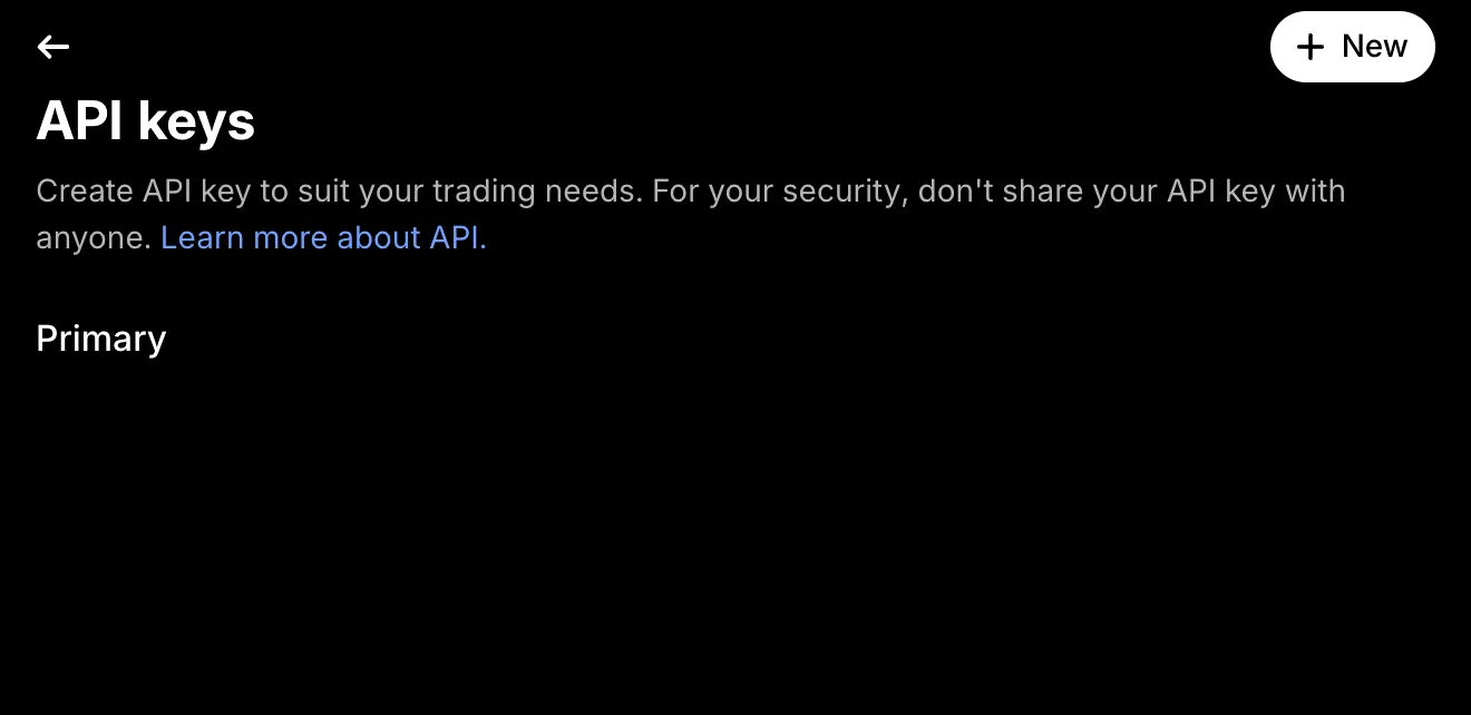 Revolut X API keys page with the New button