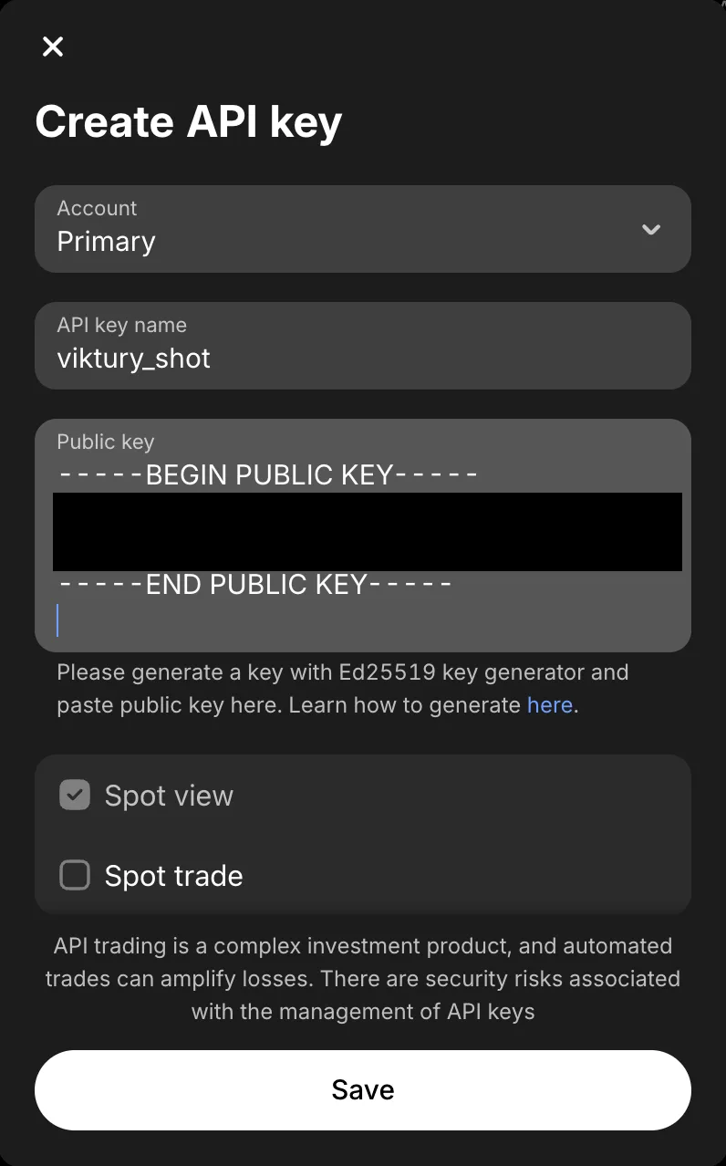 Revolut X Create API key form with a name, a pasted public key, Spot view ticked and Spot trade off