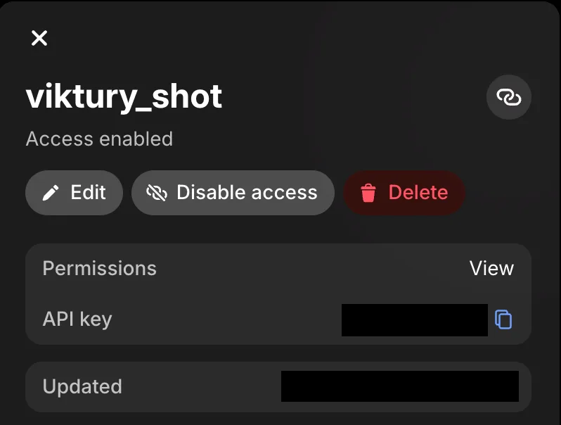 Revolut X key panel showing View permission and the API key with a copy button