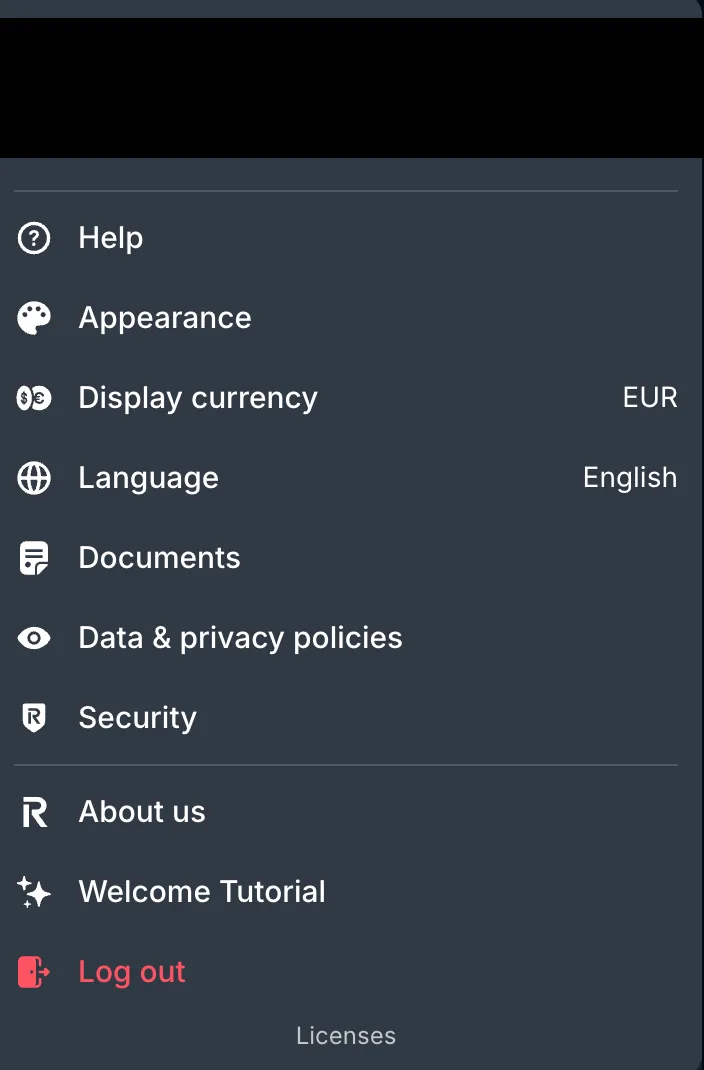 Revolut Invest profile menu with Documents listed