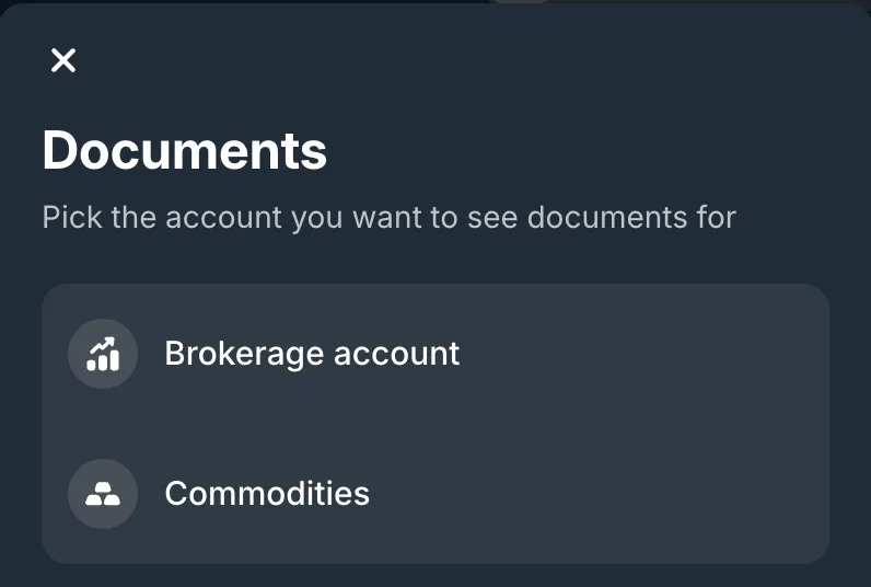 Revolut Invest Documents dialog with Brokerage account and Commodities