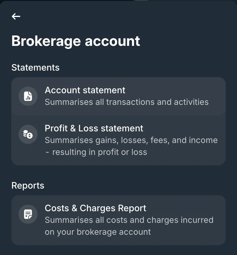 Revolut Brokerage account documents with Account statement, Profit and Loss statement and Costs and Charges Report