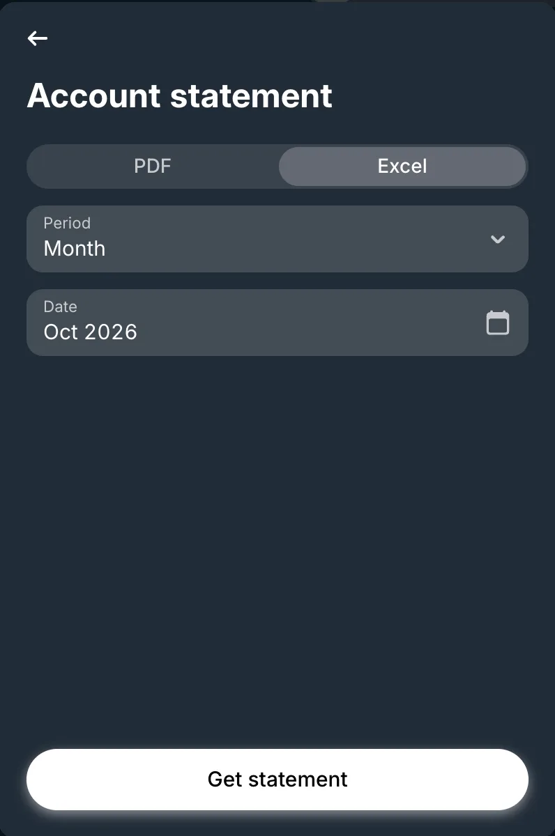Revolut Account statement form with Excel selected, a period and a date, and the Get statement button
