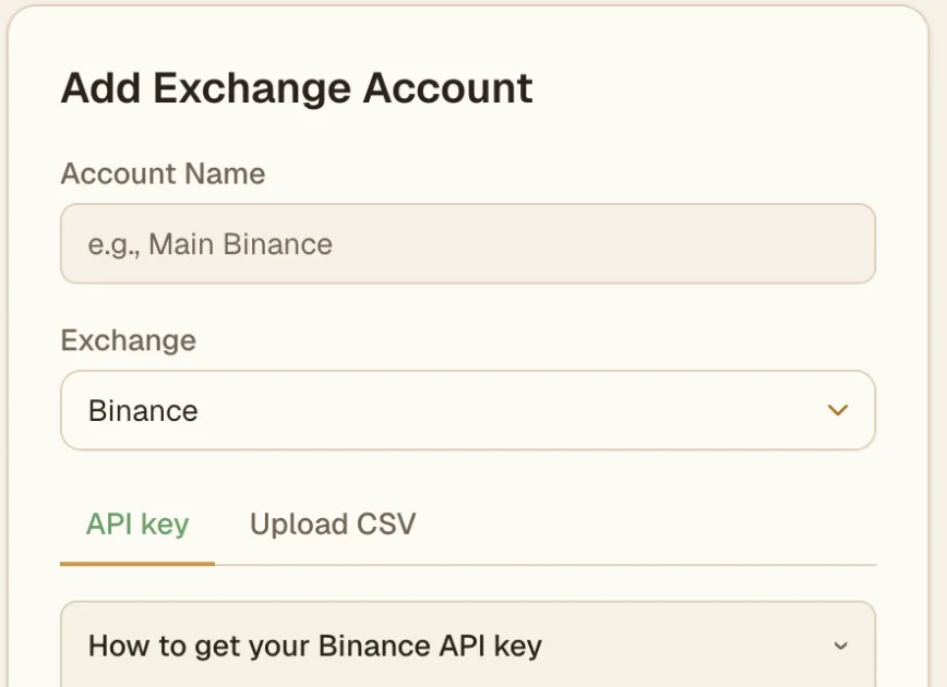 Viktury Add Exchange Account form with an exchange picked and the API key tab open