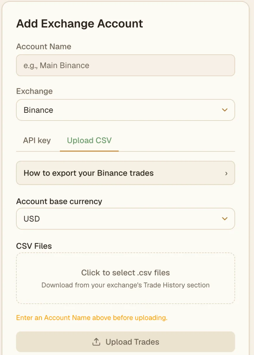 Viktury Add Exchange Account form on the Upload CSV tab, with the base currency and the file picker