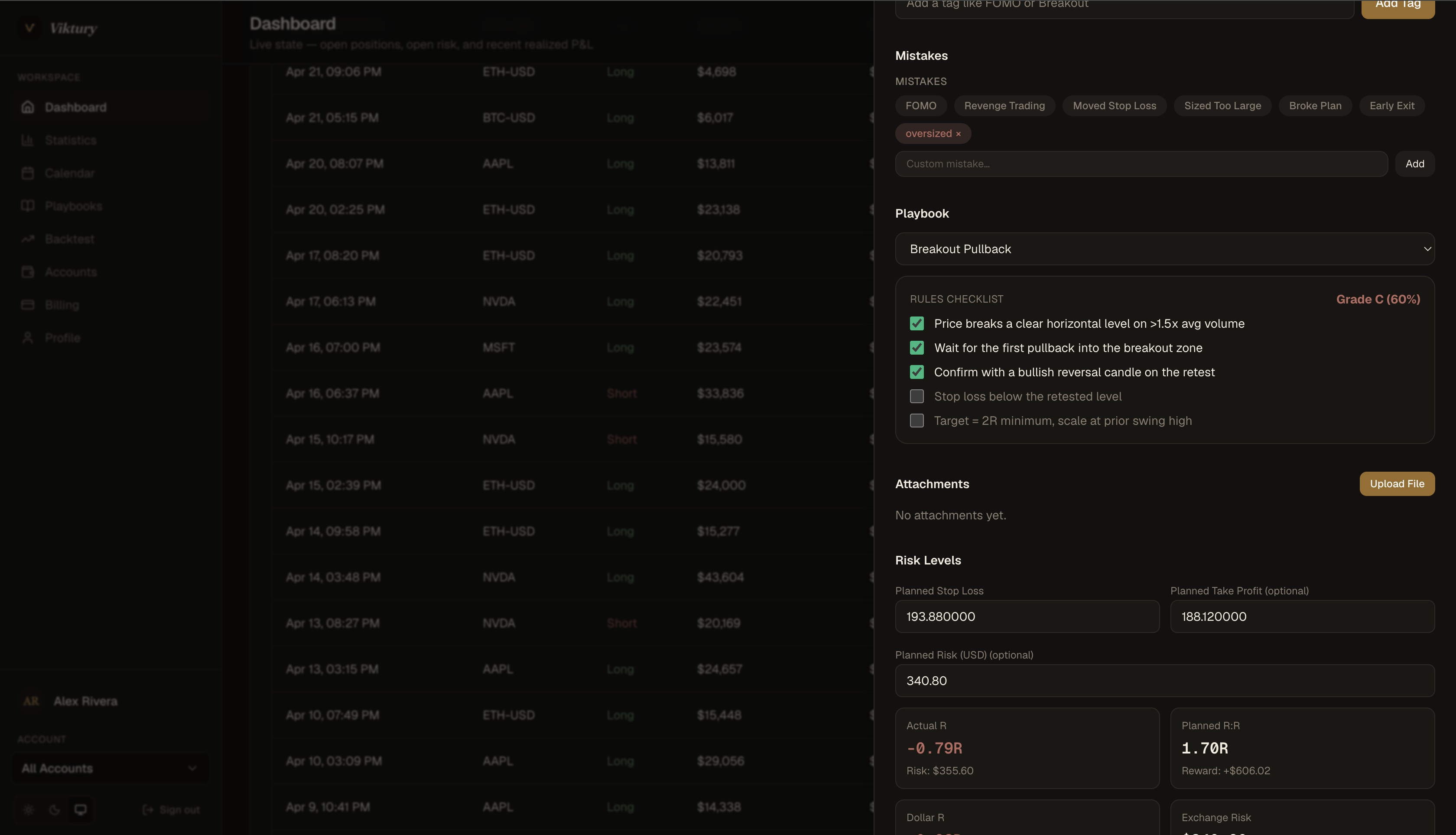 Trade detail with playbook